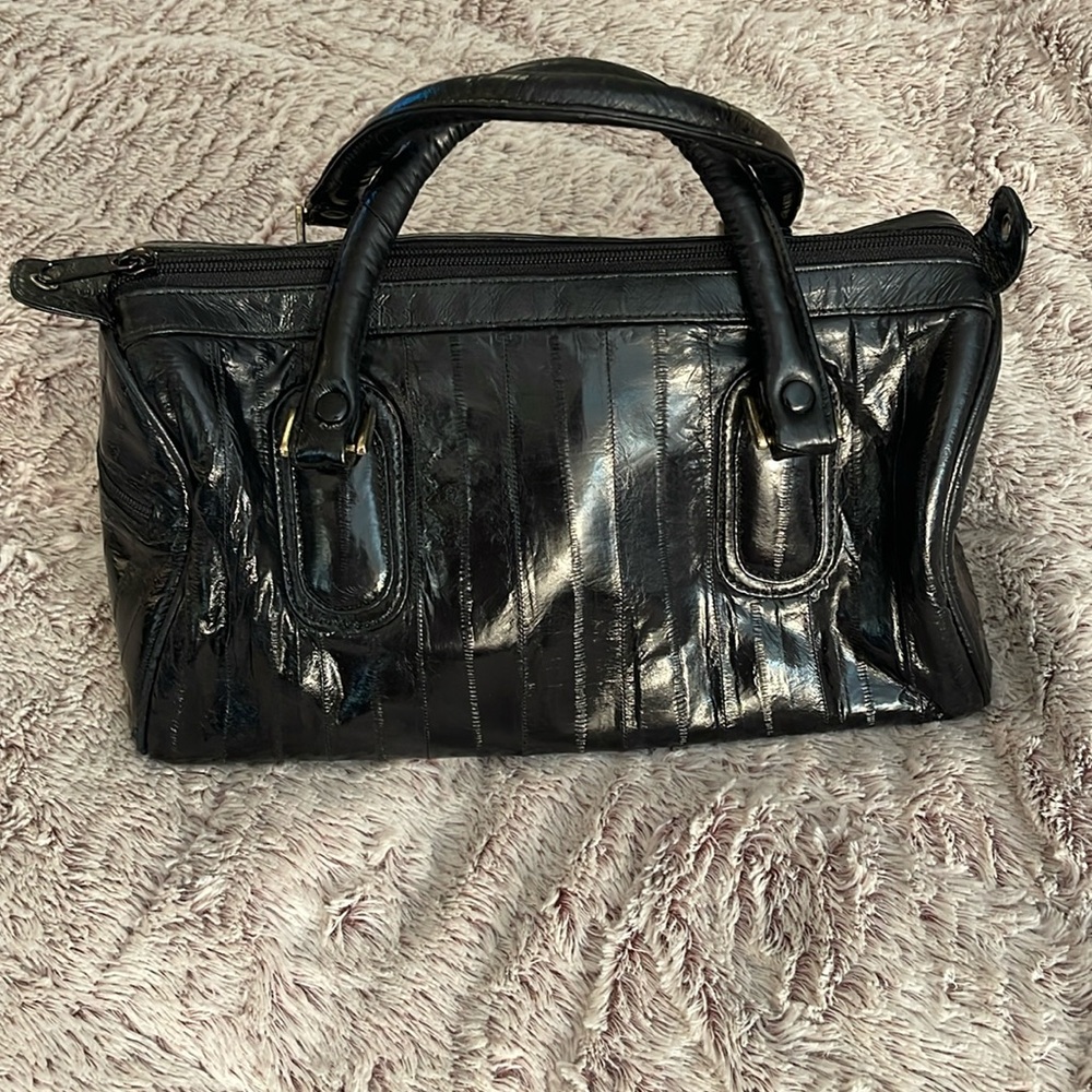 Genuine Eel Skin Handbag‎ Black Top Handle Zipper Closure Classic